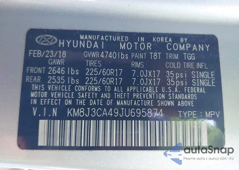 2018 Hyundai Tucson Sel z USA, uszkodzony, nr VIN KM8J3CA49JU695874
